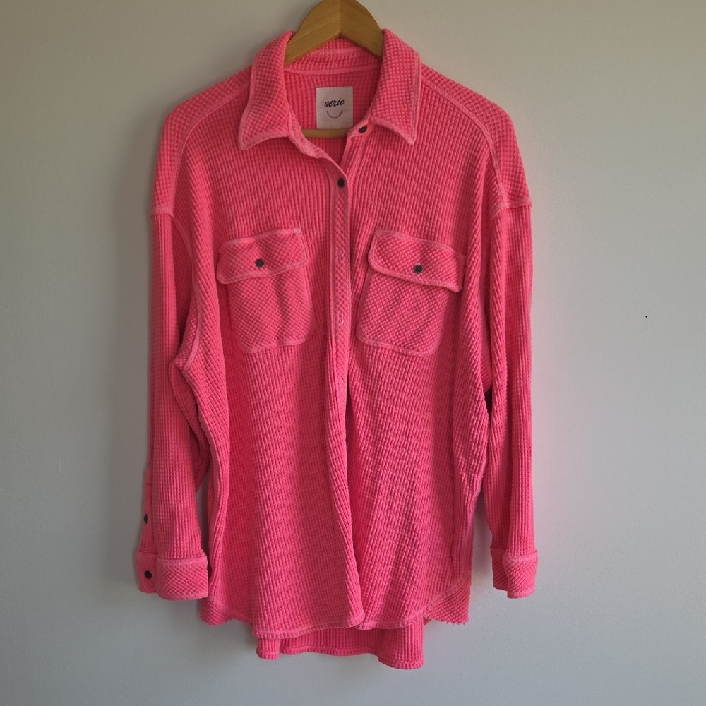 Aerie Bright Neon Pink Waffle Knit Lumber Jane Shirt